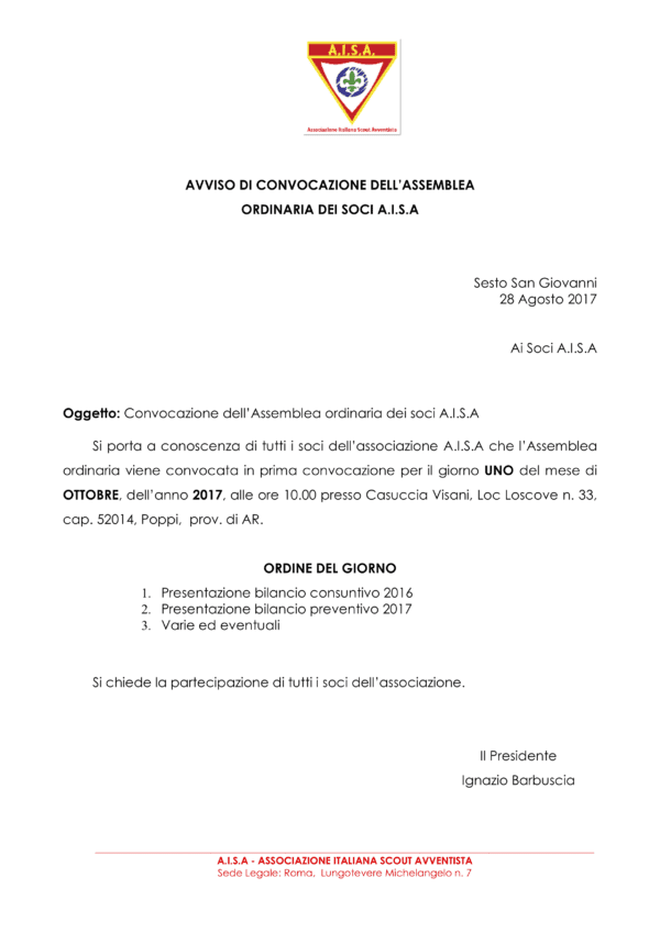 AVVISO DI CONVOCAZIONE DELLASSEMBLEA ORDINARIA DEI SOCI A I S A